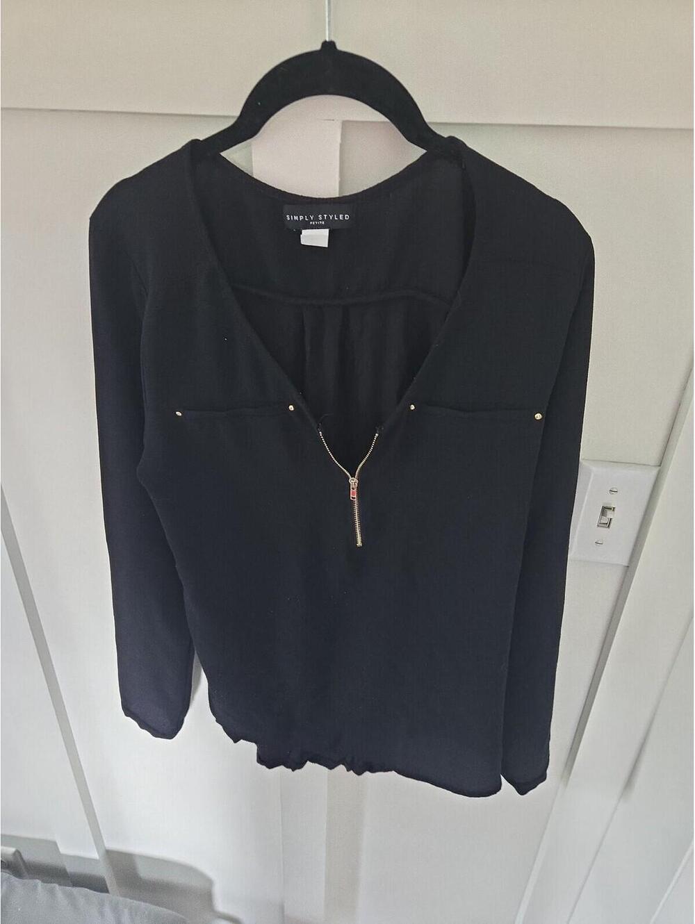 Simply Styled Petite Black Zip-Neck Blouse with Gold Accents Petite M